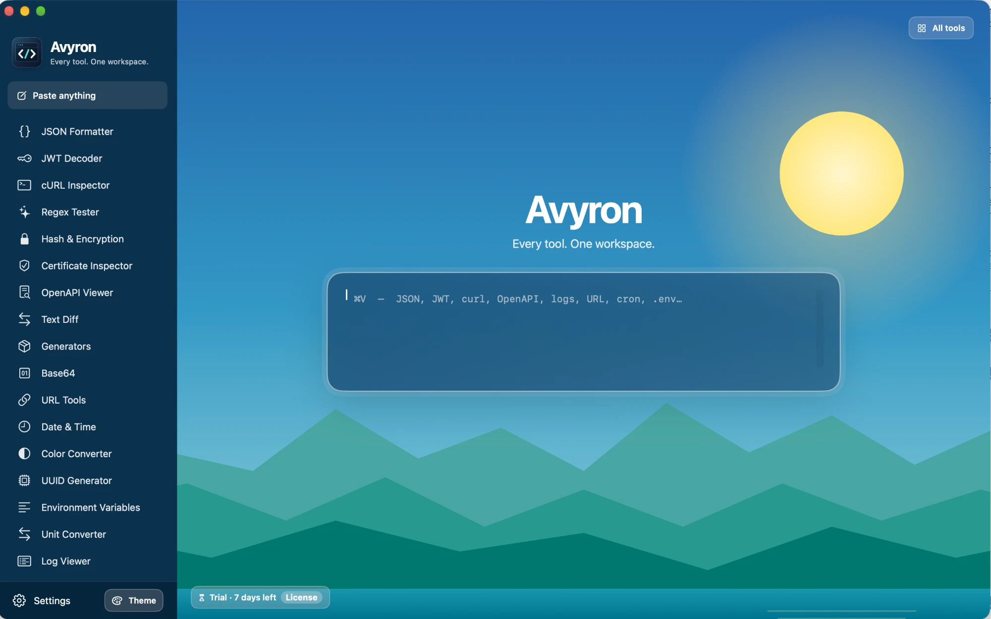 Avyron with its tool sidebar and Paste anything input